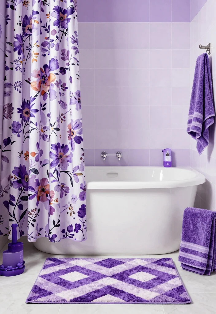 15 Purple Bathroom Ideas With Creative Flair - 12. Playful Pattern Mixing 1