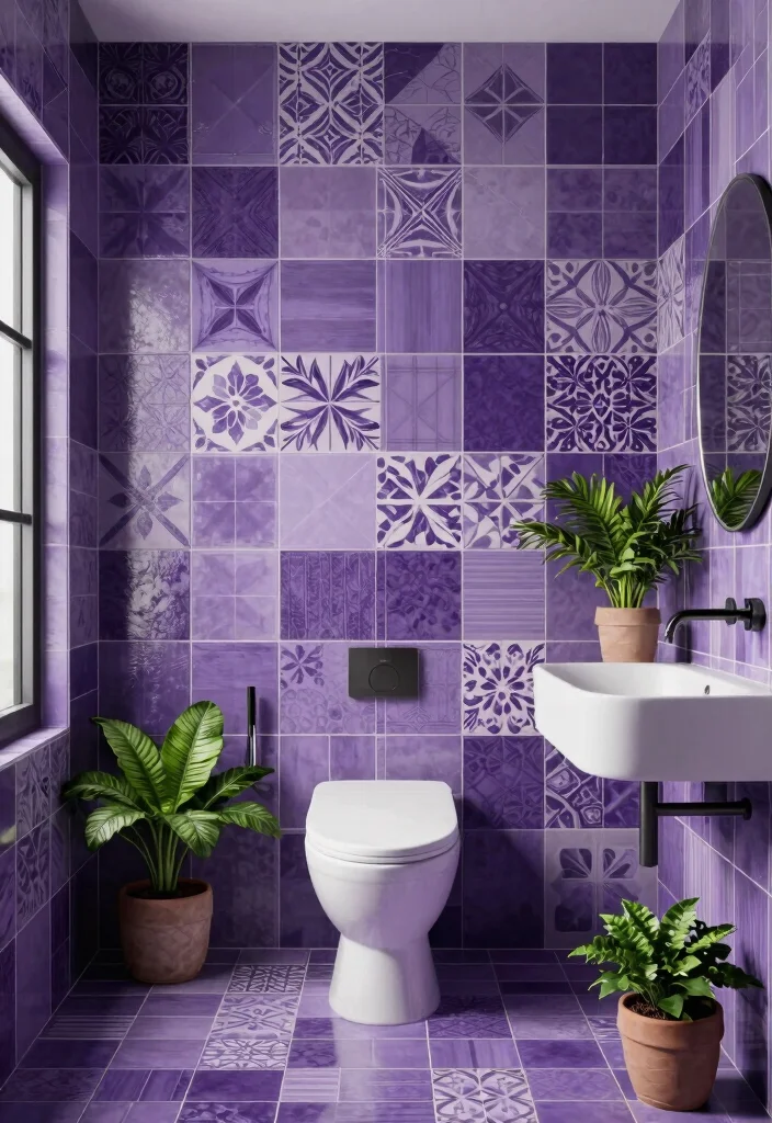 15 Purple Bathroom Ideas With Creative Flair - 3. Creative Tile Designs 1