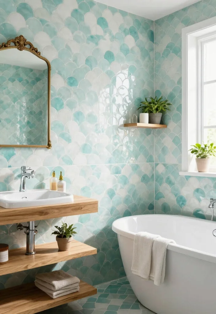15 Scallop Tile Bathroom Ideas With Soft Curves - 1. Aqua and White Elegance 1