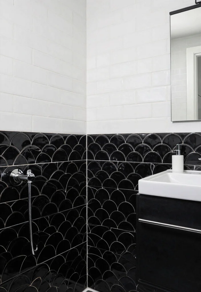 15 Scallop Tile Bathroom Ideas With Soft Curves - 10. Bold Black and White Contrast 1