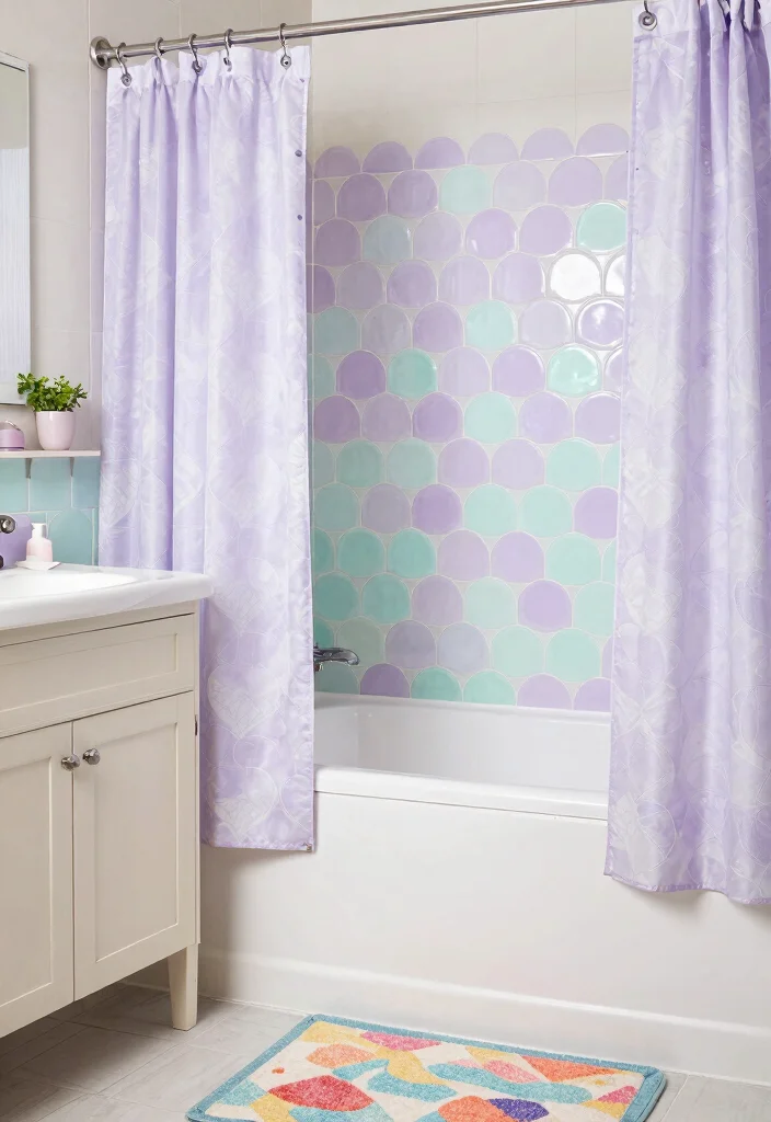 15 Scallop Tile Bathroom Ideas With Soft Curves - 13. Playful Pastels to Brighten Up 1