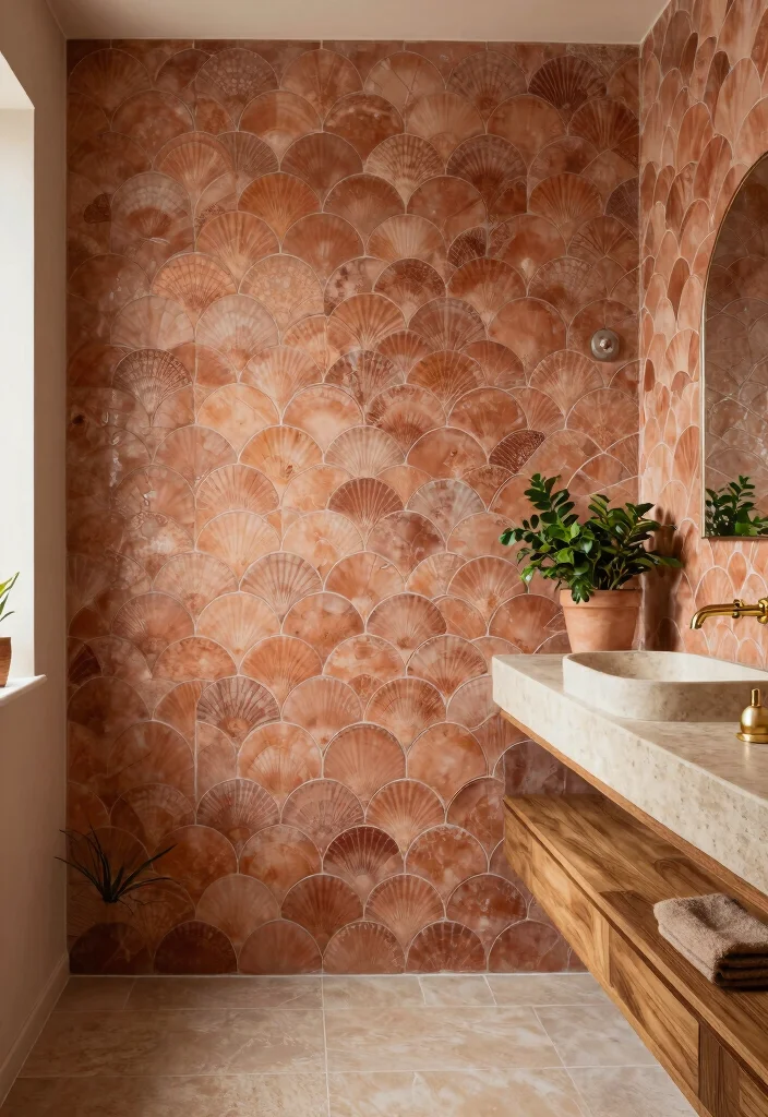 15 Scallop Tile Bathroom Ideas With Soft Curves - 2. Earthy Tones with Curved Accents 1