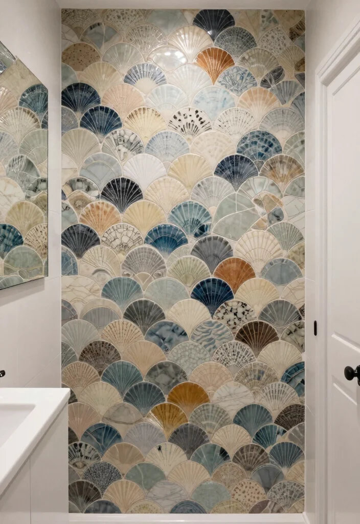 15 Scallop Tile Bathroom Ideas With Soft Curves - 8. Artistic Patterns with Scallop Tiles 1