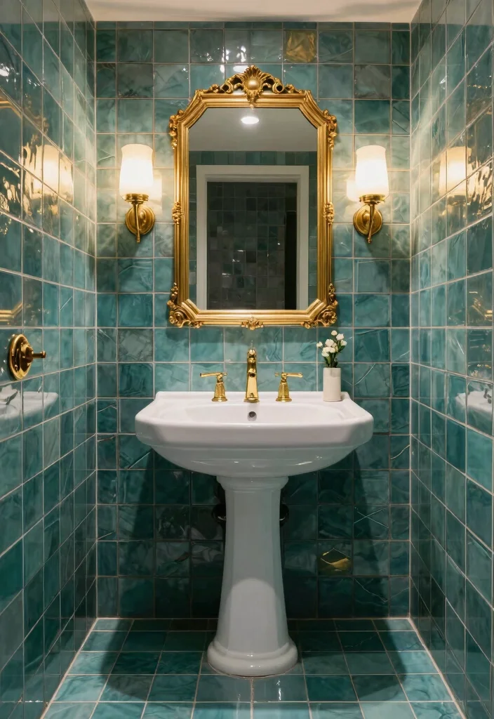 15 Teal Bathroom Tile Ideas With Rich Colour - 10. Teal Tiles with Metallic Accents 1