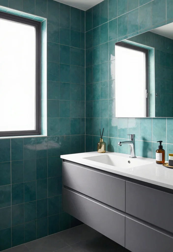 15 Teal Bathroom Tile Ideas With Rich Colour - 12. Teal and Gray Color Scheme 1