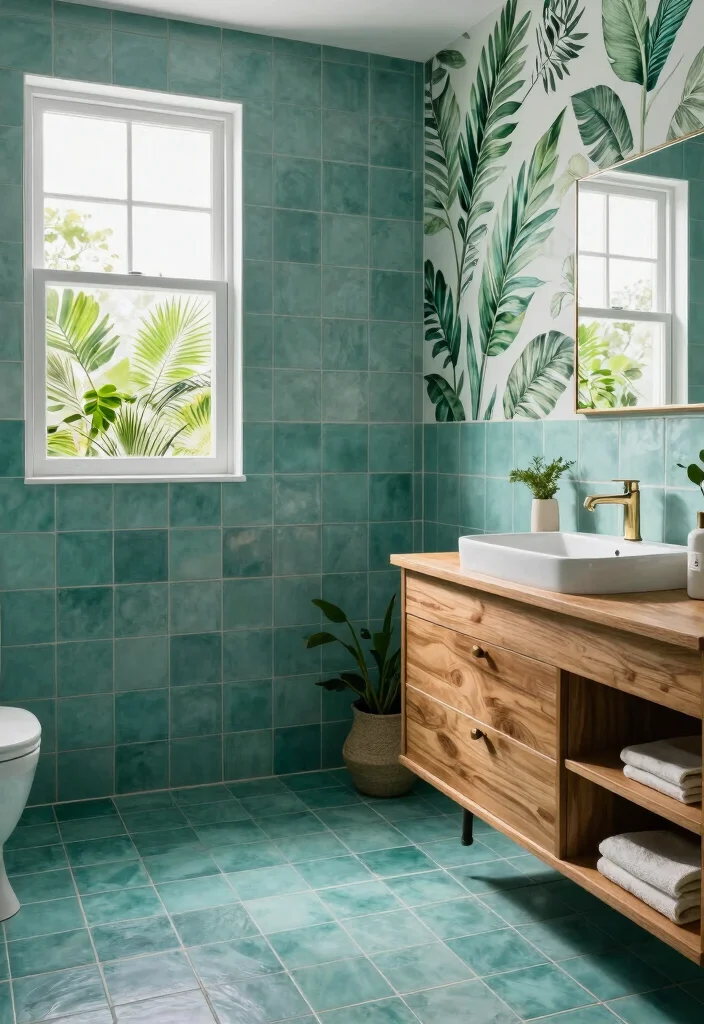 15 Teal Bathroom Tile Ideas With Rich Colour - 13. Teal Tiles with Botanical Prints 1