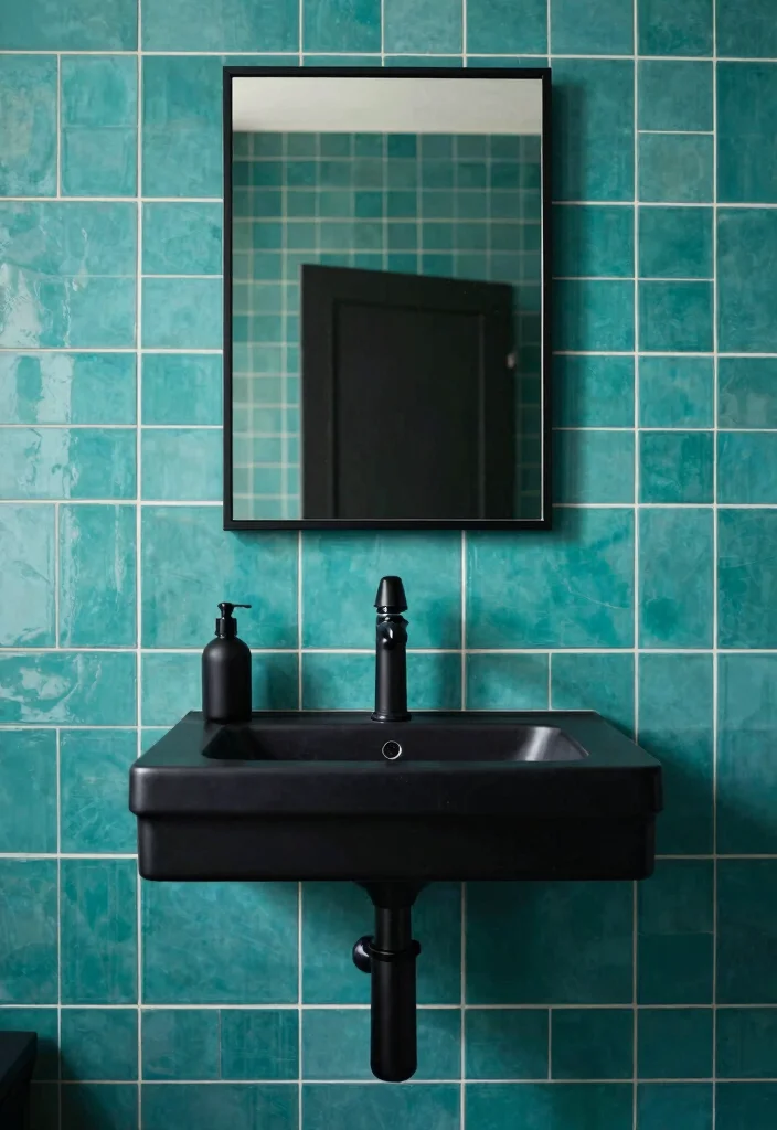 15 Teal Bathroom Tile Ideas With Rich Colour - 14. Teal and Black Contrast 1