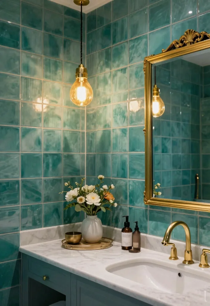 15 Teal Bathroom Tile Ideas With Rich Colour - 15. Teal Tiles with Statement Lighting 1
