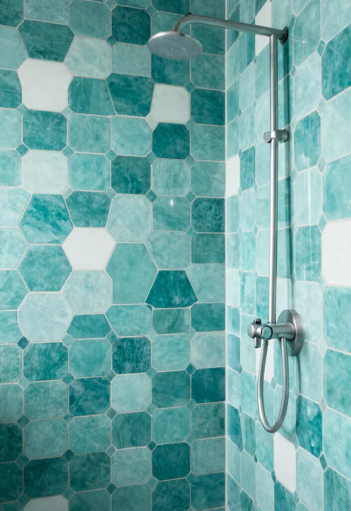 15 Teal Bathroom Tile Ideas With Rich Colour - 2. Geometric Teal Tile Patterns 1