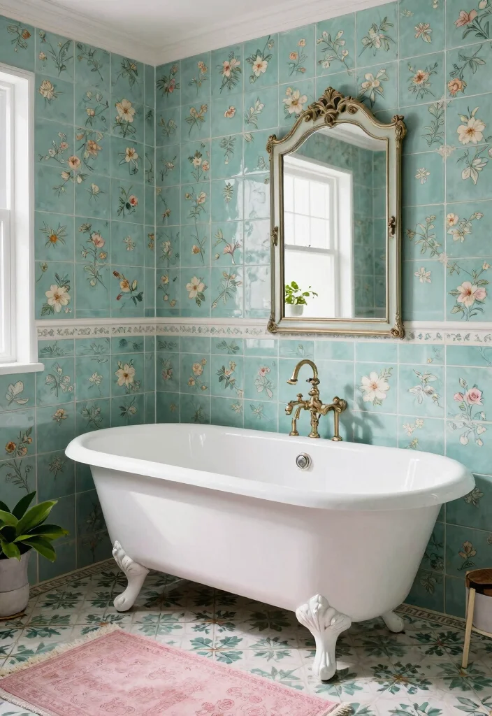 15 Teal Bathroom Tile Ideas With Rich Colour - 4. Vintage Floral Patterned Tiles 1