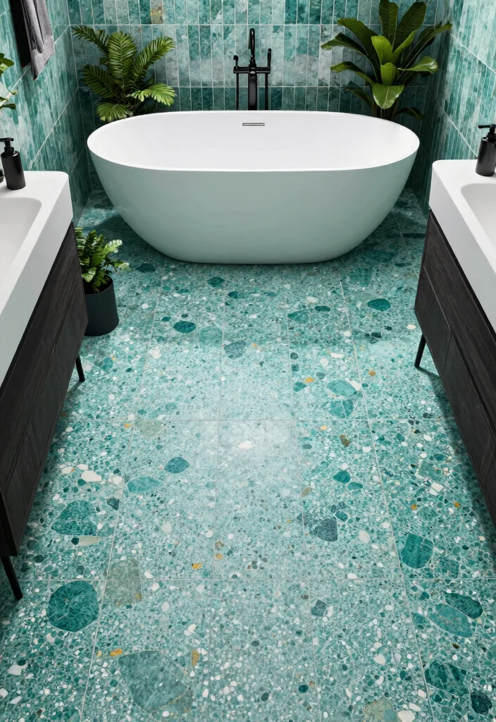 15 Teal Bathroom Tile Ideas With Rich Colour - 5. Teal Terrazzo Tiles 1