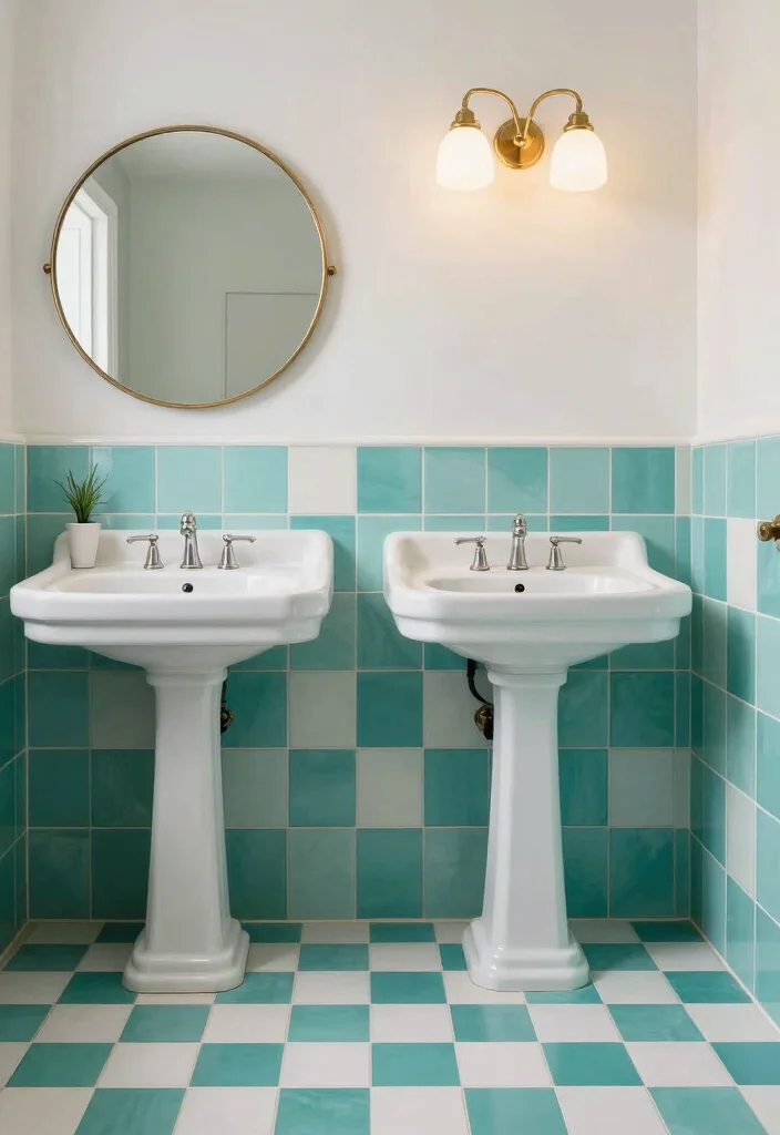 15 Teal Bathroom Tile Ideas With Rich Colour - 6. Teal and White Checkerboard Tiles 1