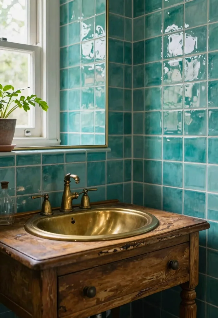 15 Teal Bathroom Tile Ideas With Rich Colour - 7. Teal Glossy Tiles with Aged Fixtures 1