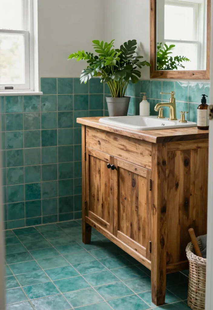 15 Teal Bathroom Tile Ideas With Rich Colour - 9. Teal Tiles with Wood Accents 1