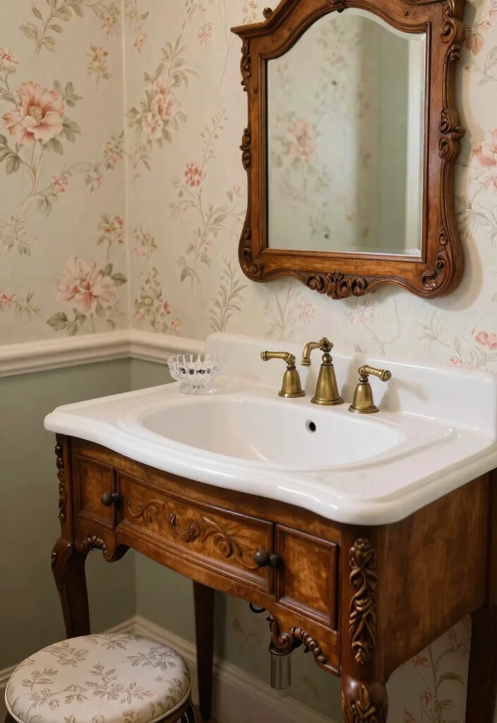 15 Vintage Half Bathroom Ideas With Old World Charm - 1. Antique Vanity with a Touch of Elegance 1