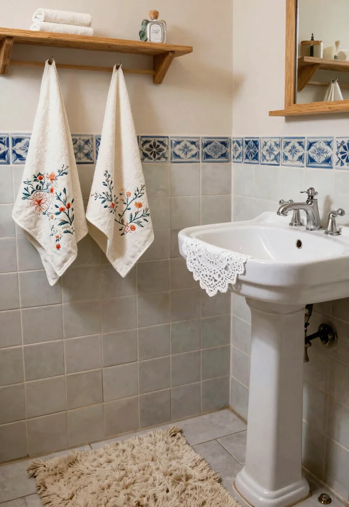 15 Vintage Half Bathroom Ideas With Old World Charm - 12. Layered Textures for Depth 1