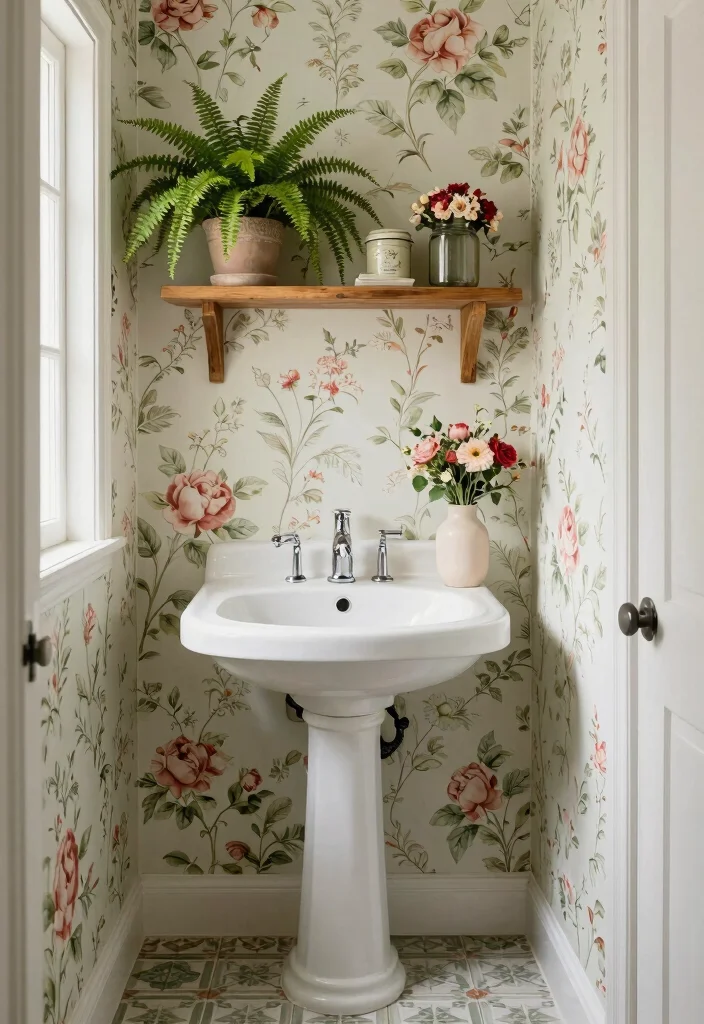 15 Vintage Half Bathroom Ideas With Old World Charm - 2. Floral Wallpaper for a Whimsical Touch 1