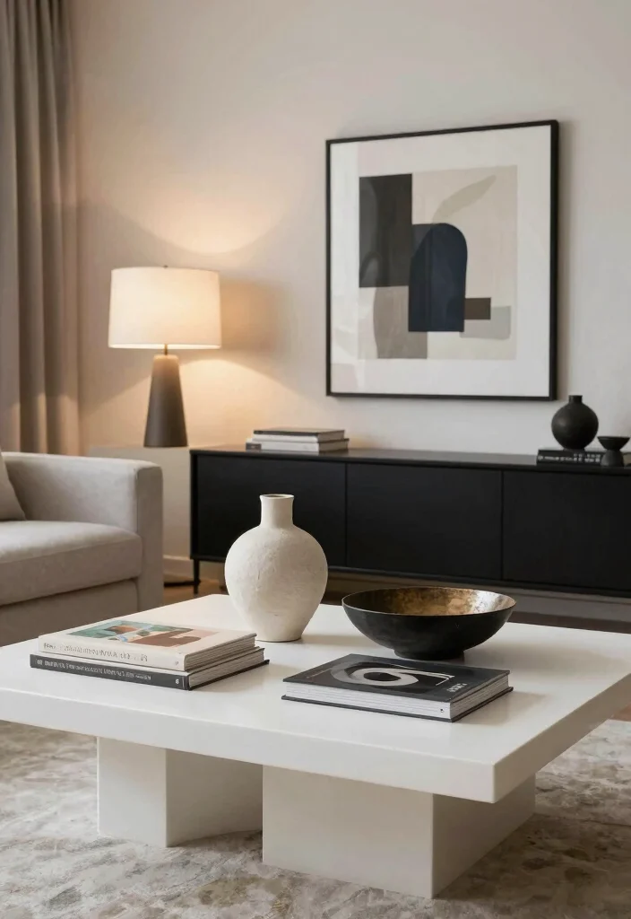 15 White Coffee Table Living Room Ideas for a Clean Modern Look - 3. Contemporary Art Display 1