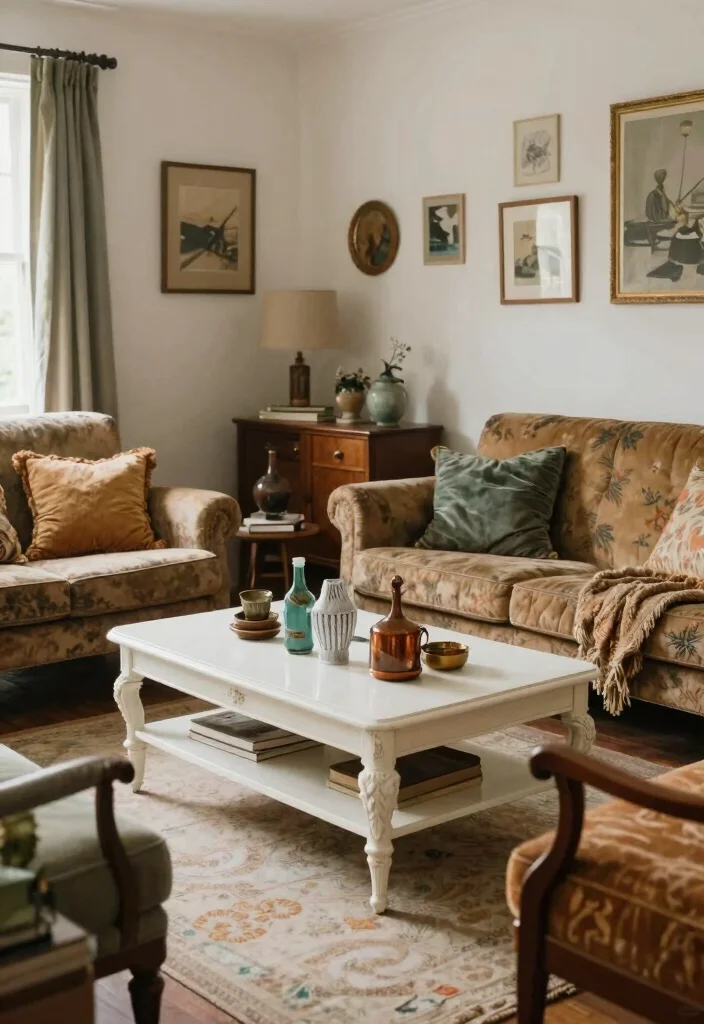 15 White Coffee Table Living Room Ideas for a Clean Modern Look - 7. Vintage Revival 1