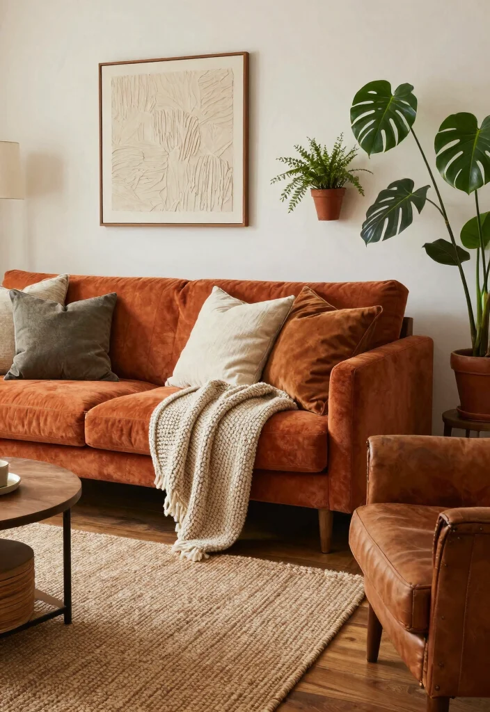 16 Burnt Orange Sofa Living Room Ideas for a Warm Trendy Vibe - 1. Layering Textures for Depth 1