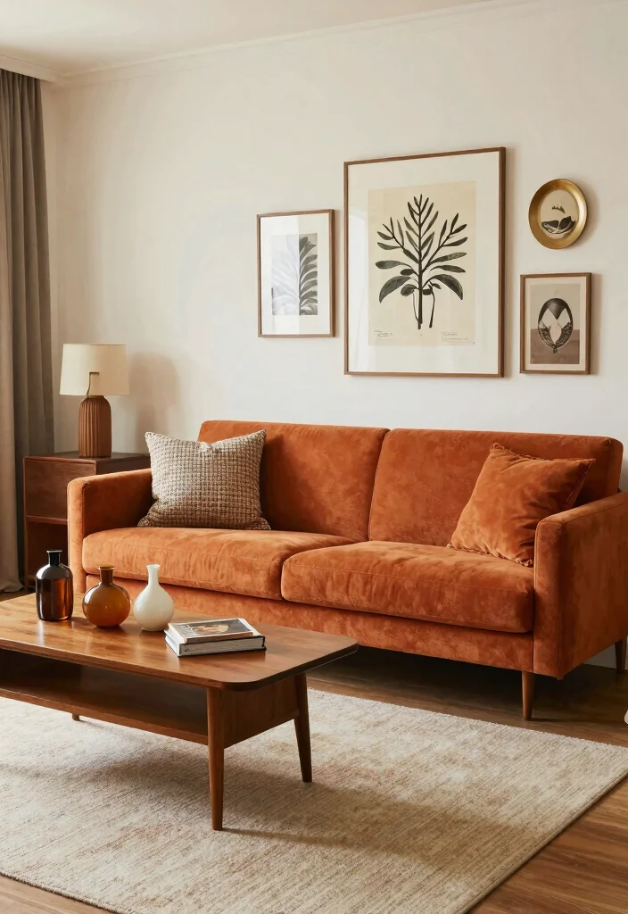16 Burnt Orange Sofa Living Room Ideas for a Warm Trendy Vibe - 12. Mixing Vintage and Modern Styles 1