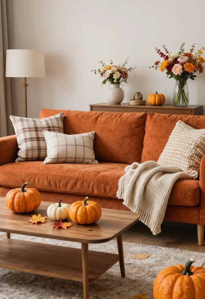 16 Burnt Orange Sofa Living Room Ideas for a Warm Trendy Vibe - 13. Seasonal Decor for Fresh Looks 1