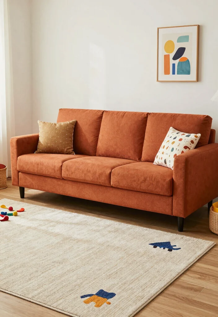 16 Burnt Orange Sofa Living Room Ideas for a Warm Trendy Vibe - 14. Creating a Family-Friendly Space 1