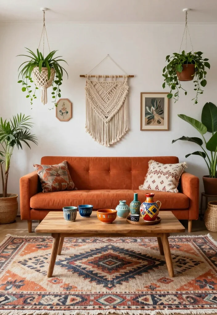 16 Burnt Orange Sofa Living Room Ideas for a Warm Trendy Vibe - 3. Bohemian Accessories to Enhance Style 1