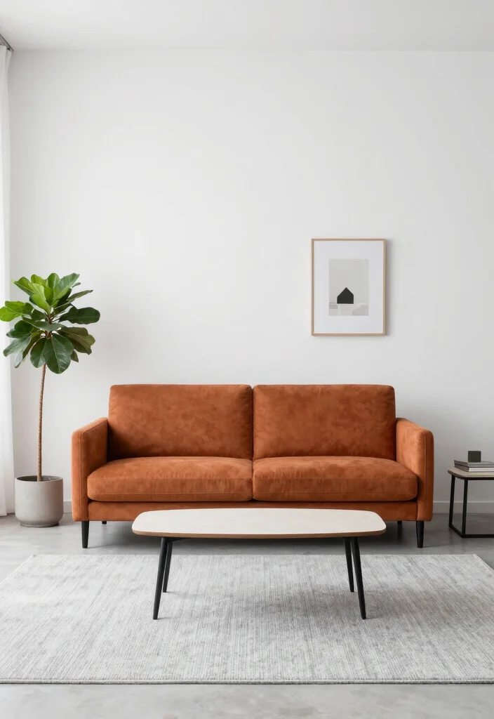 16 Burnt Orange Sofa Living Room Ideas for a Warm Trendy Vibe - 4. Minimalist Approach with a Twist 1