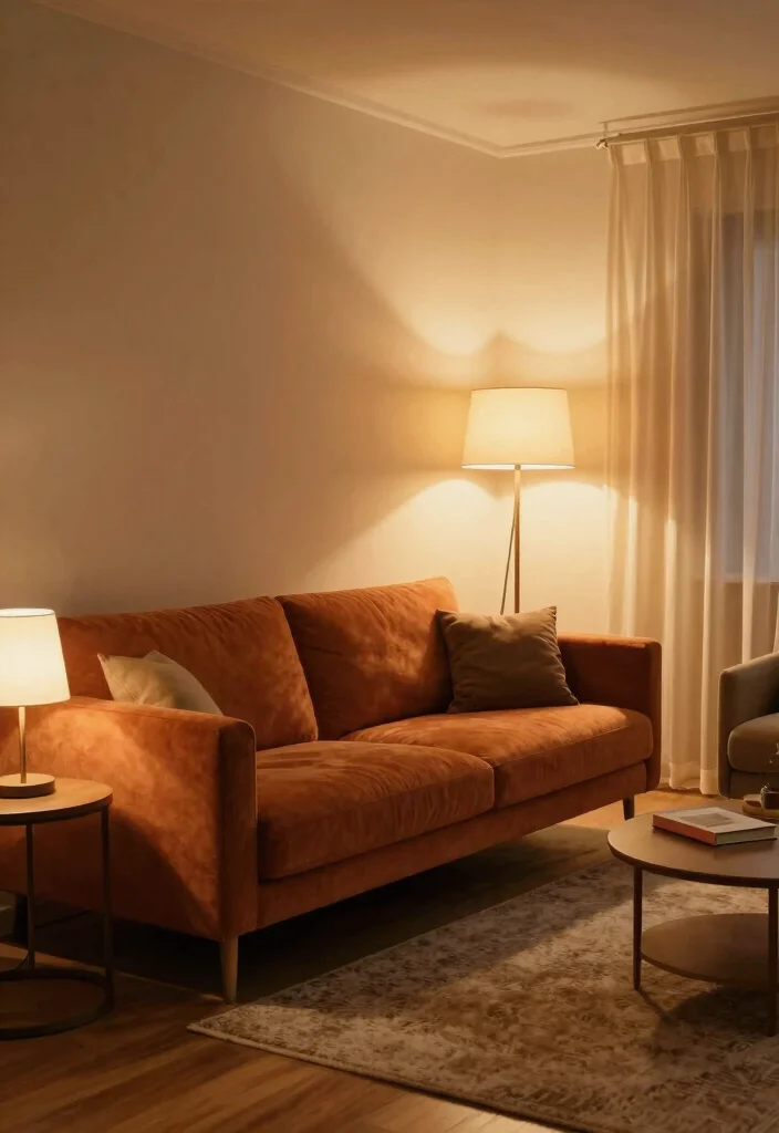 16 Burnt Orange Sofa Living Room Ideas for a Warm Trendy Vibe - 5. Layered Lighting for Ambiance 1