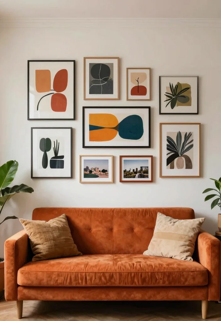 16 Burnt Orange Sofa Living Room Ideas for a Warm Trendy Vibe - 6. Incorporating Art for Personal Touch 1