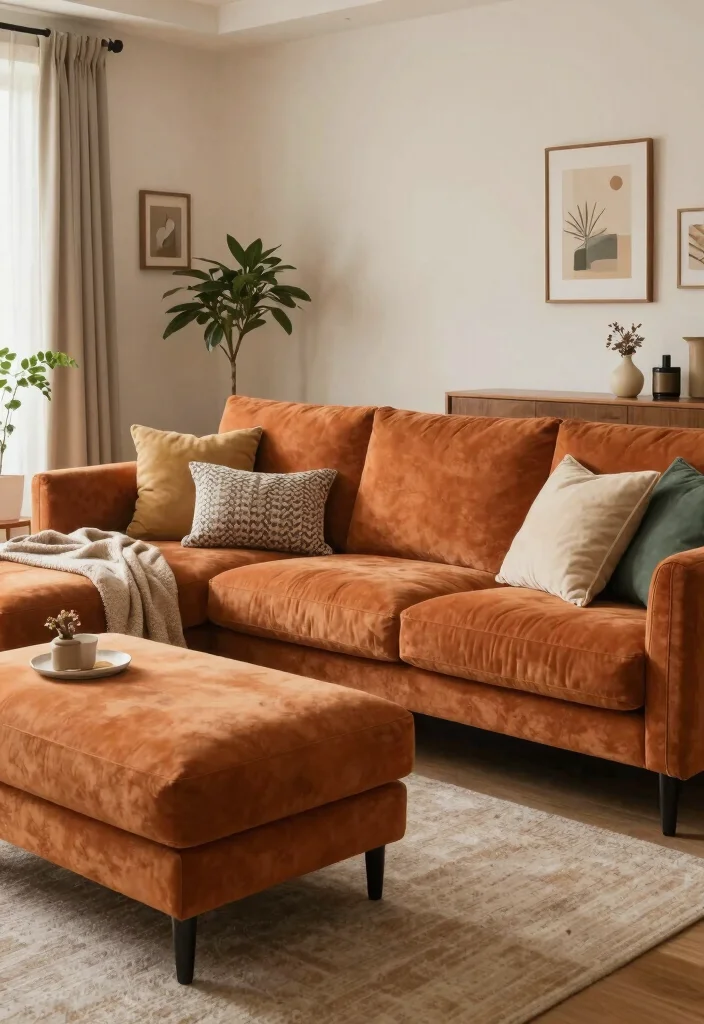 16 Burnt Orange Sofa Living Room Ideas for a Warm Trendy Vibe - 7. Styling Sectionals for Flexibility 1