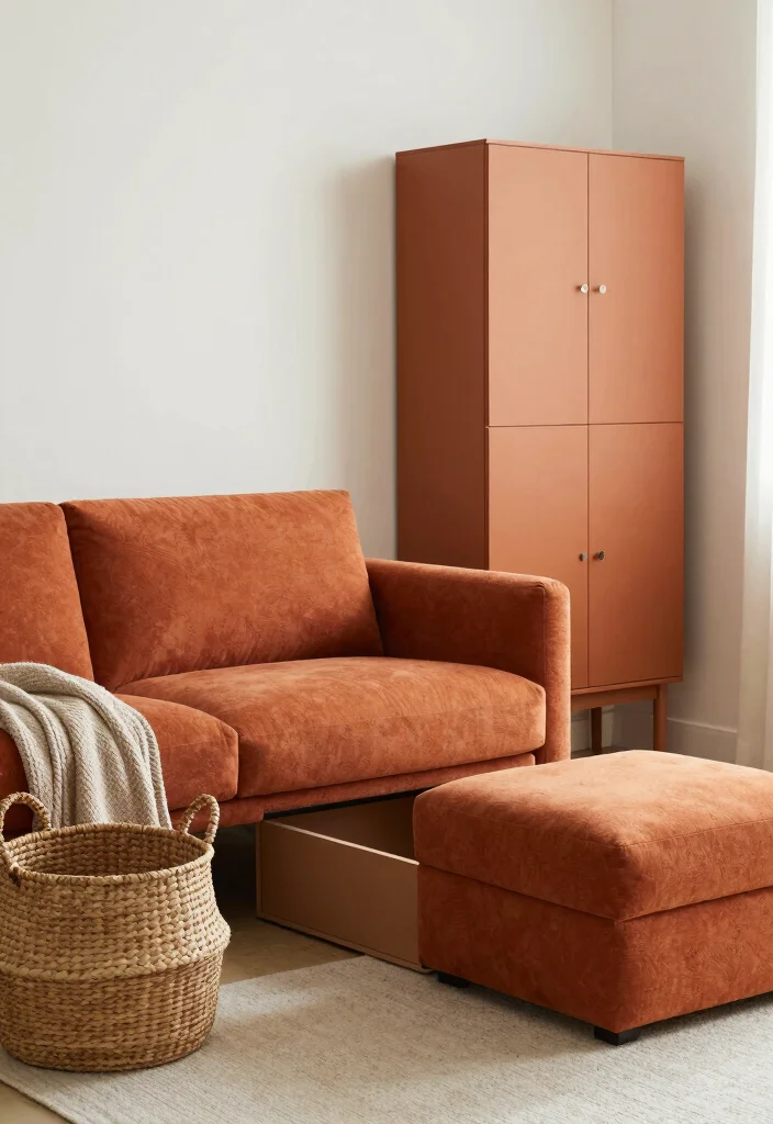 16 Burnt Orange Sofa Living Room Ideas for a Warm Trendy Vibe - 9. Stylish Storage Solutions 1