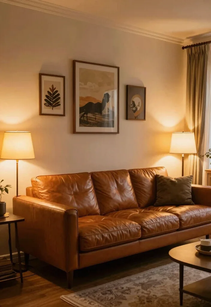 16 Camel Leather Couch Living Room Ideas for Warm Luxe Style - 10. The Power of Lighting 1