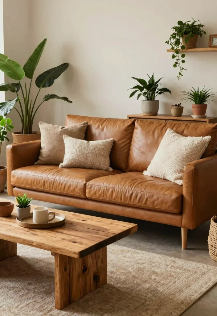 16 Camel Leather Couch Living Room Ideas for Warm Luxe Style - 11. Eco-Friendly Decor Choices 1