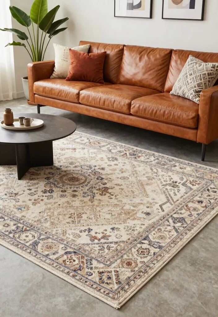 16 Camel Leather Couch Living Room Ideas for Warm Luxe Style - 12. Layering Rugs 1