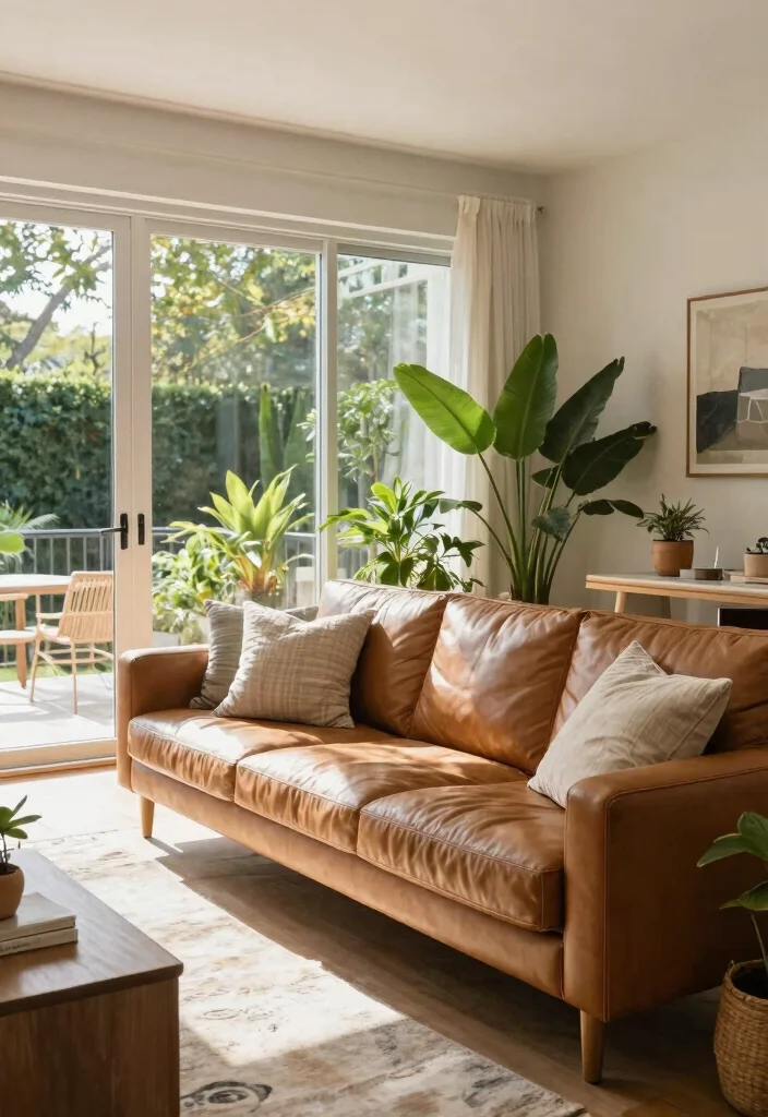 16 Camel Leather Couch Living Room Ideas for Warm Luxe Style - 14. Indoor-Outdoor Connection 1