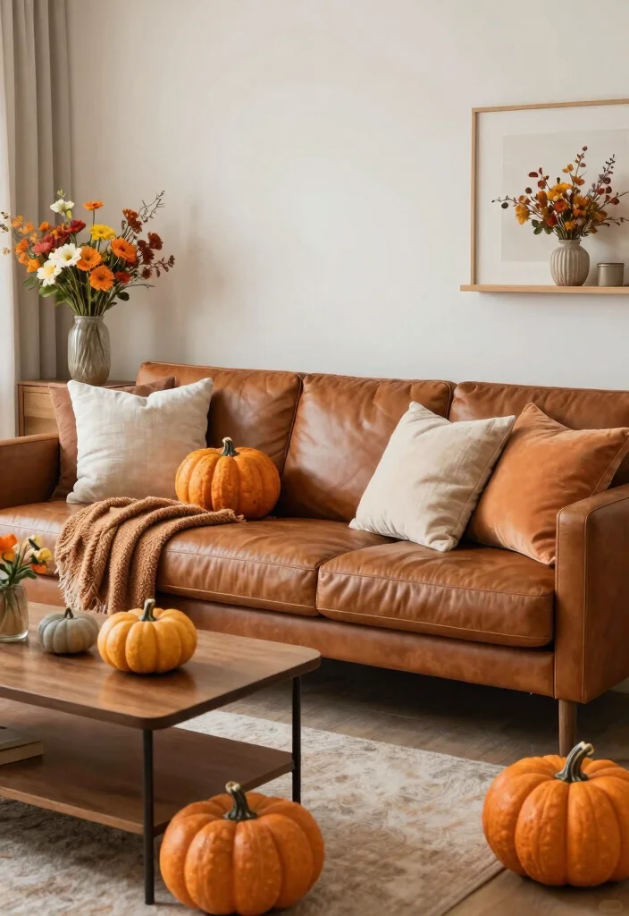 16 Camel Leather Couch Living Room Ideas for Warm Luxe Style - 15. Seasonal Decor Changes 1
