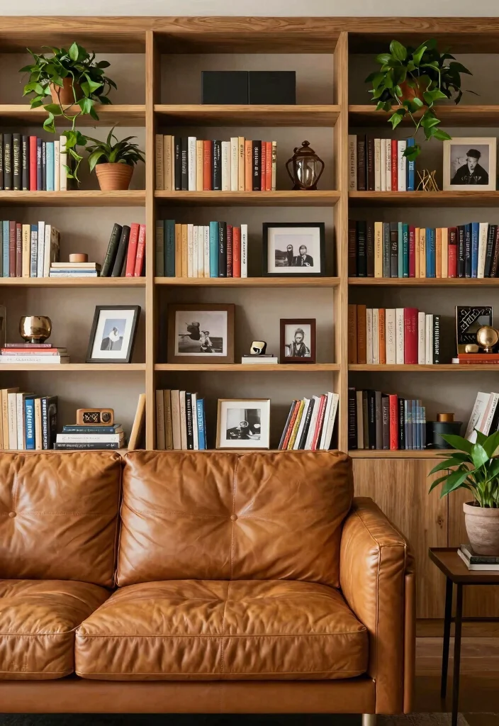 16 Camel Leather Couch Living Room Ideas for Warm Luxe Style - 16. Curated Bookshelves 1