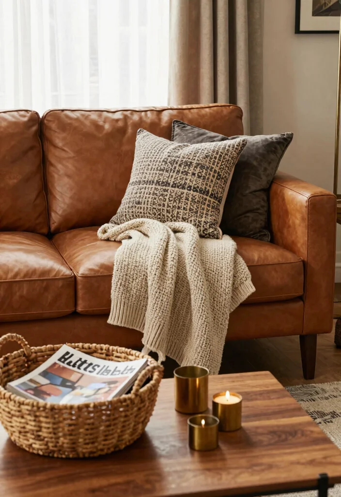 16 Camel Leather Couch Living Room Ideas for Warm Luxe Style - 2. Layered Textures 1