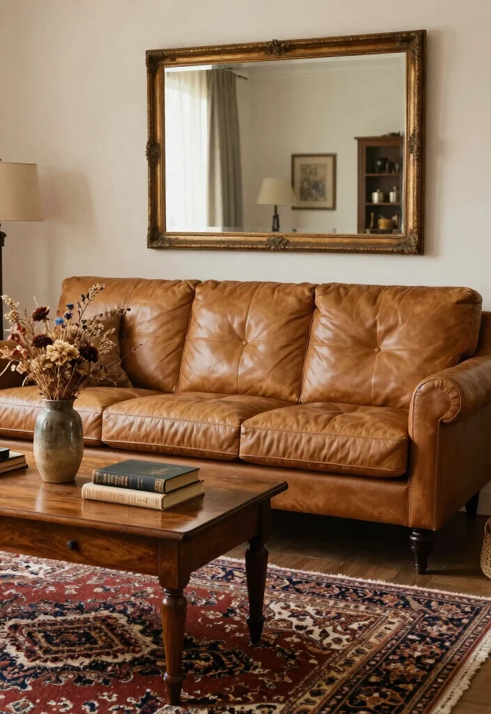 16 Camel Leather Couch Living Room Ideas for Warm Luxe Style - 3. Incorporate Vintage Finds 1