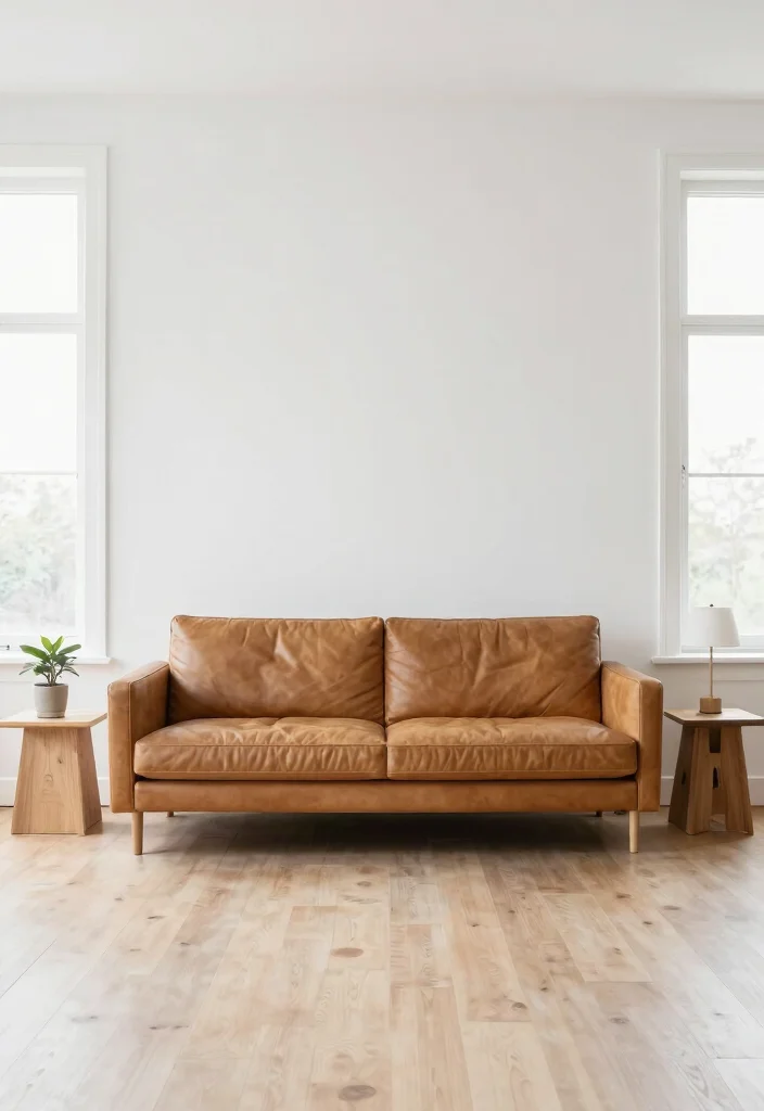 16 Camel Leather Couch Living Room Ideas for Warm Luxe Style - 4. Minimalist Approach 1