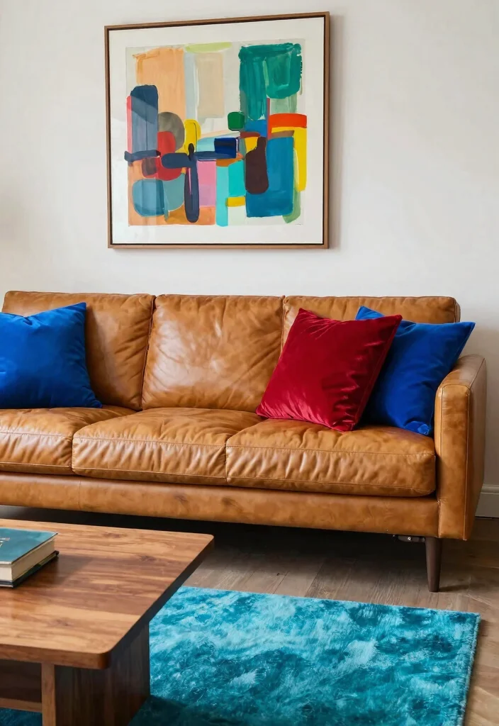 16 Camel Leather Couch Living Room Ideas for Warm Luxe Style - 5. Bold Accent Colors 1