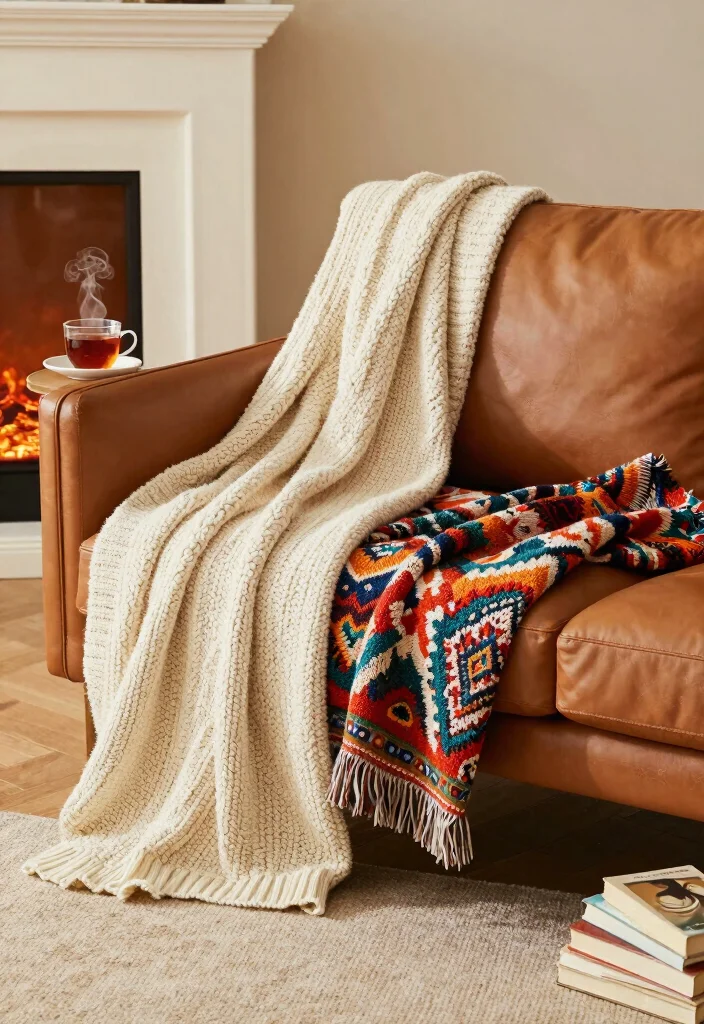 16 Camel Leather Couch Living Room Ideas for Warm Luxe Style - 6. Cozy Layering with Throws 1
