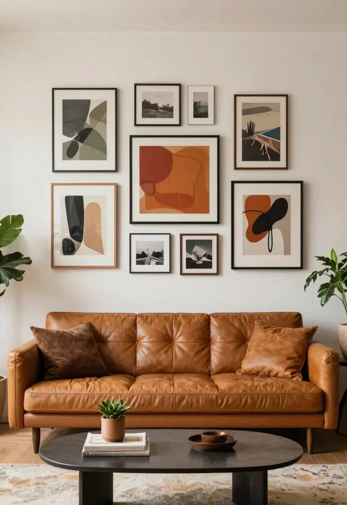 16 Camel Leather Couch Living Room Ideas for Warm Luxe Style - 7. Artful Gallery Wall 1