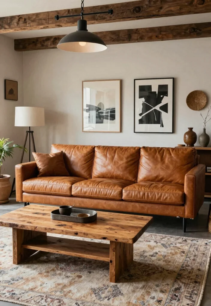 16 Camel Leather Couch Living Room Ideas for Warm Luxe Style - 9. Modern Rustic Blend 1