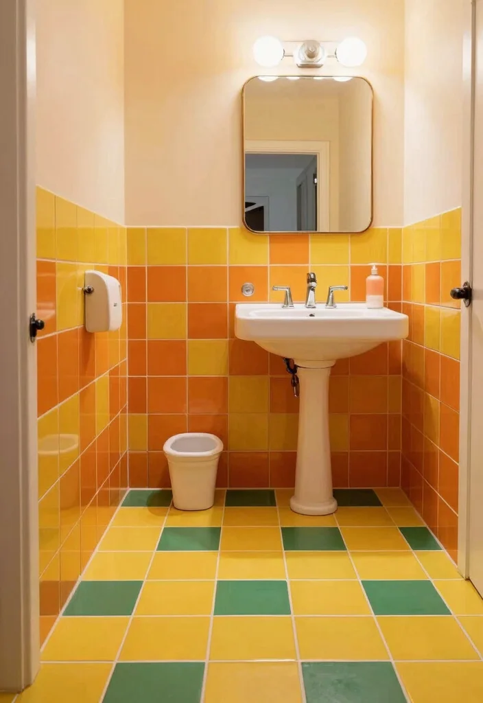 16 Cement Tile Bathroom Ideas With Timeless Pattern - 10. Retro Color Combinations 1