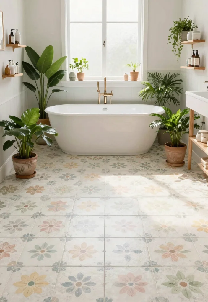 16 Cement Tile Bathroom Ideas With Timeless Pattern - 3. Floral Patterns for a Soft Touch 1