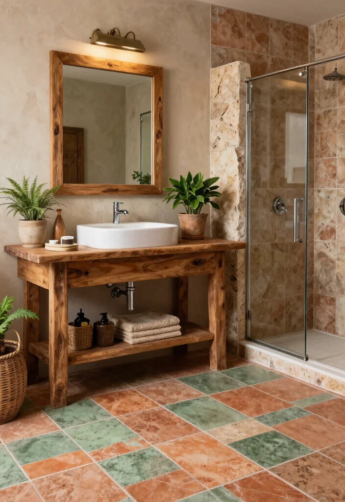 16 Cement Tile Bathroom Ideas With Timeless Pattern - 5. Rustic Charm with Earthy Tones 1