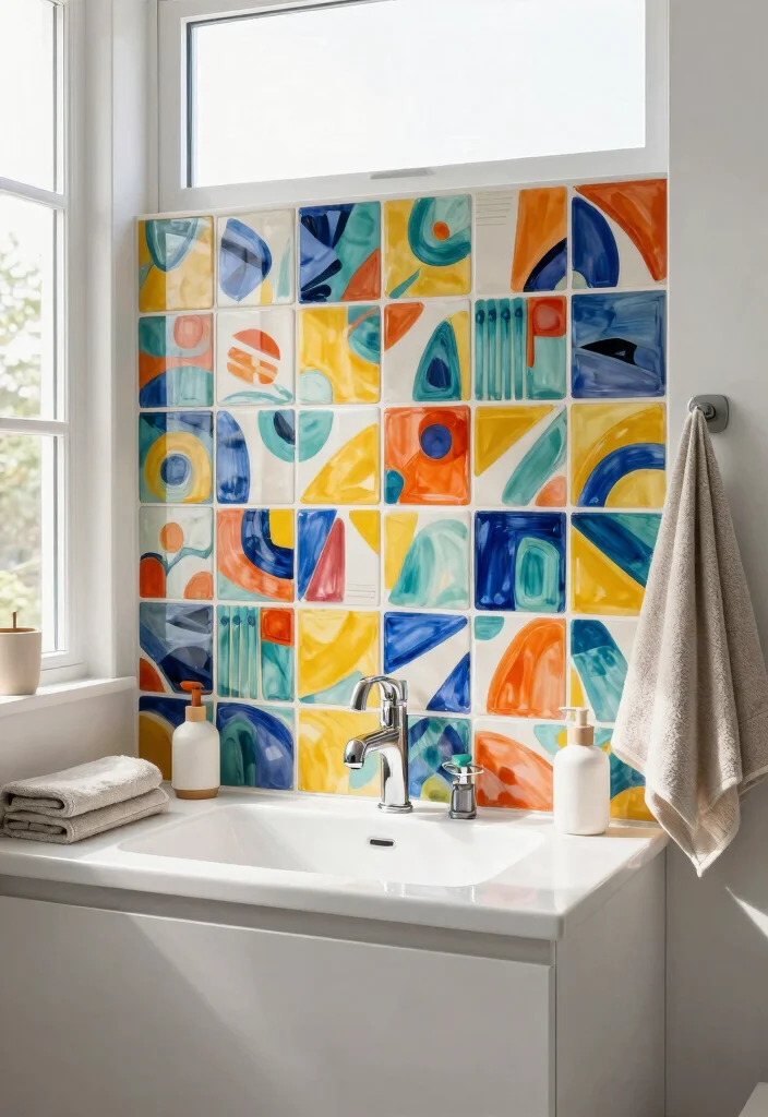 16 Cement Tile Bathroom Ideas With Timeless Pattern - 7. Artistic Tiles for a Creative Touch 1